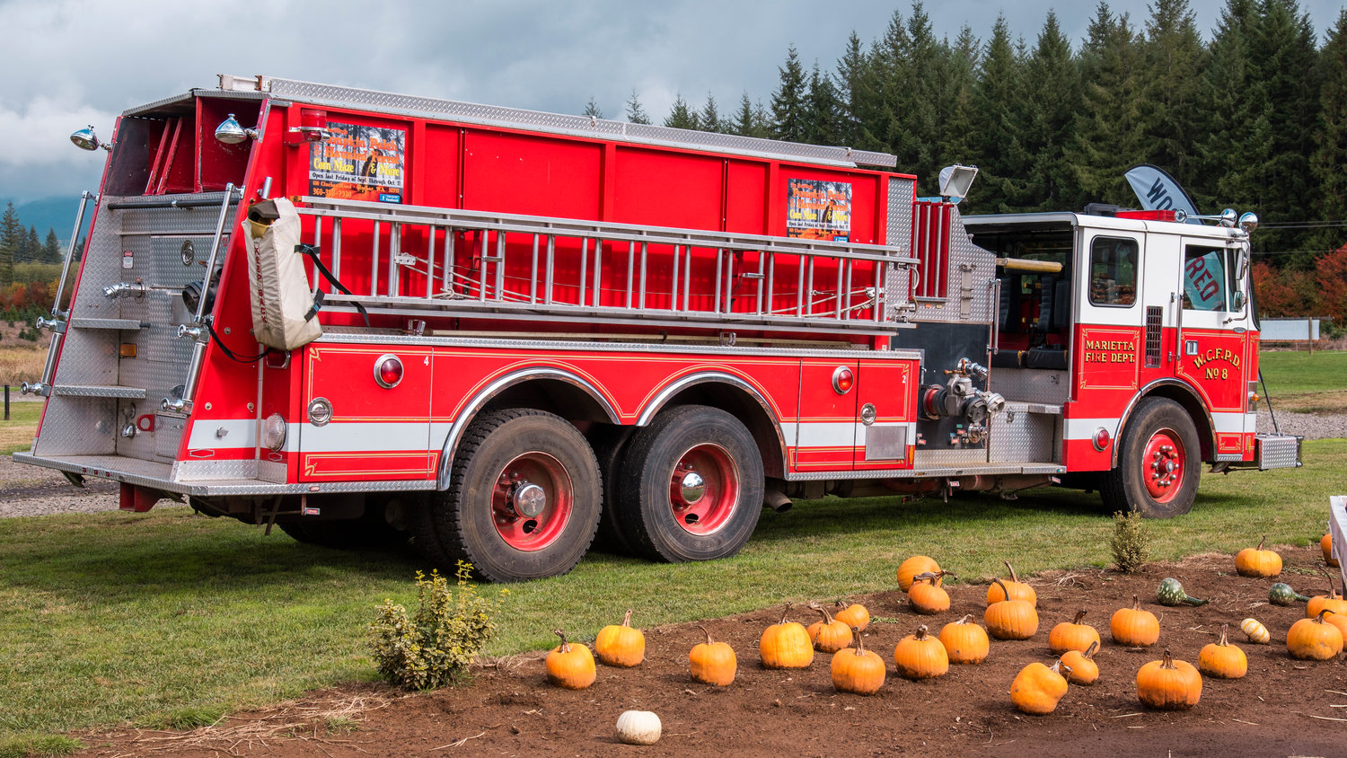 A ladder truck sits on display at Huntting’s Pumpkin Patch in Cinebar on Wednesday.